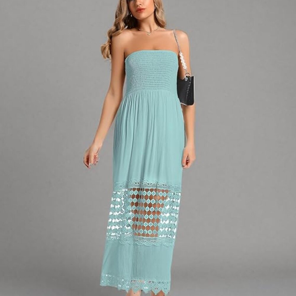 BSXIJIE Women's Summer Maxi  Dress Smocked chest Med, Tourmaline Blue